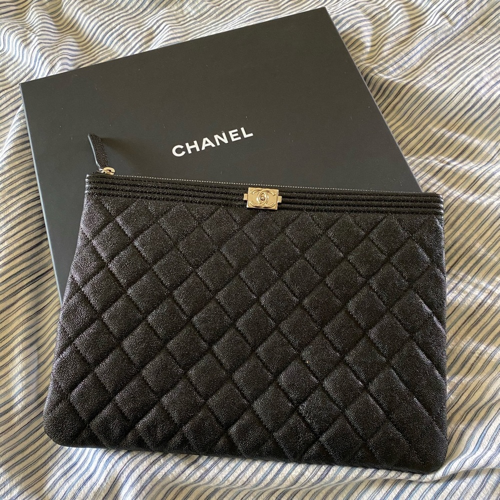(SOLD) Chanel Boy o case medium black caviar SVHW